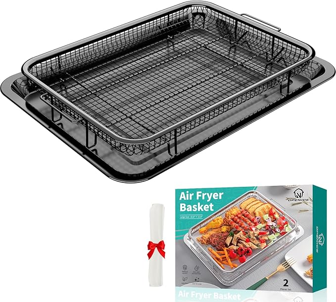 Air Fryer Basket for Oven, OPENICE 15.6" x 11.6" Air Fryer Tray and Pan Set with 30PCS Parchment Papers, Stainless Steel Oven Air Fryer Basket and Tray for Baking Grilling - Black