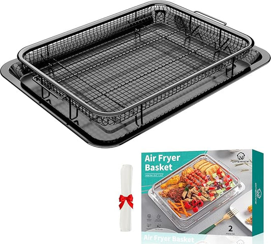 Air Fryer Basket for Oven, OPENICE 15.6" x 11.6" Air Fryer Tray and Pan Set with 30PCS Parchment Papers, Stainless Steel Oven Air Fryer Basket and Tray for Baking Grilling - Black