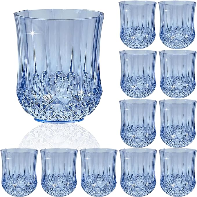12 PCS Blue Stemless Wine Glasses，Plastic Reusable Cups 9OZ Vintage Drinking Glasses Tumblers for Whisky, Beer, Juice, Beverages, Cocktai