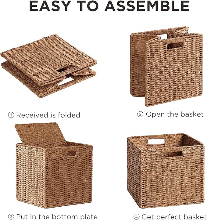 UBBCARE 3 Pack Wicker Basket, 11L×11H×10.5W inch Woven Paper Rope Storage Baskets for shelves, Foldable Cube Storage bin with Handle, Storage Basket for Organizing & Decor,Caramel