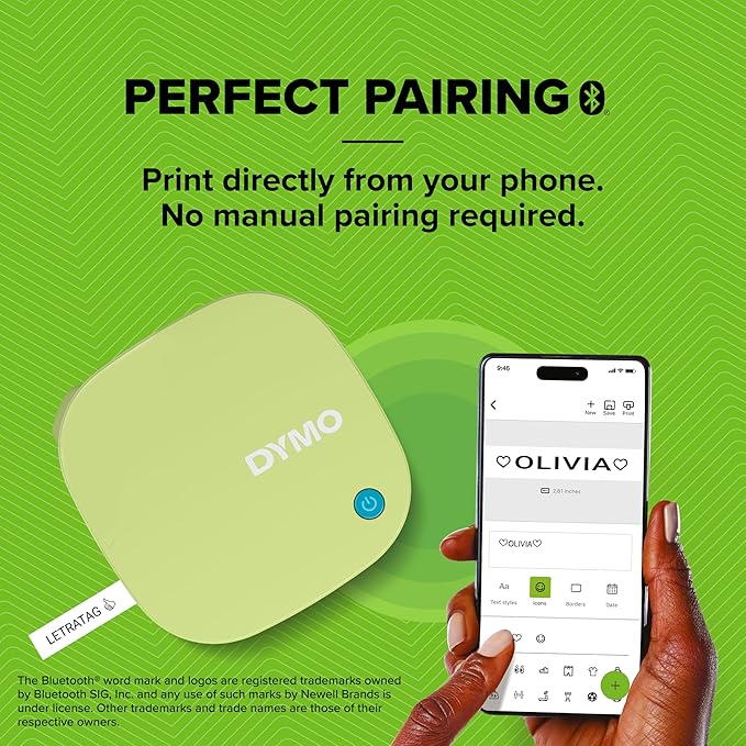 DYMO LetraTag 200B Bluetooth Label Maker | Compact Label Printer | Connects Through Bluetooth Wireless Technology to iOS and Android | Includes 1 White Paper Label Tape | Pistachio Yellow