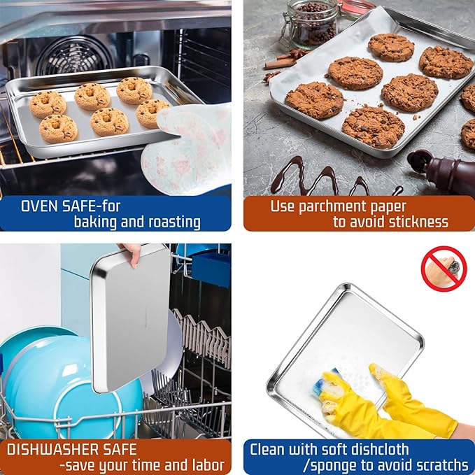 P&P CHEF 9 Inch Baking Cookie Sheet, Oven Pan Tray Stainless Steel Sheet Pan for Kitchen, Oven Bakeware for Multi Uses, Shiny Look & Dishwasher Safe, Healthy & Heavy Duty, 4Pcs