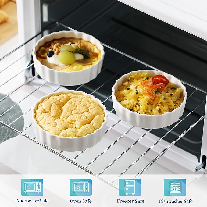 LOVECASA Porcelain Ramekins 8 Oz Oven Safe Set of 6 - Shallow Creme Brulee Dishes for Baking, Soufflés, Custards, Fluted Quiche Pans, Chip-Resistant & Stackable, White