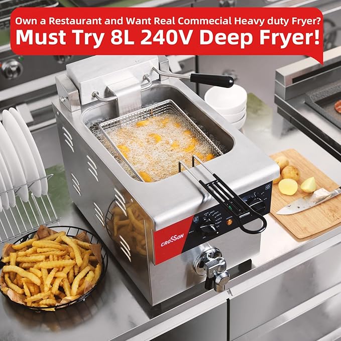 CROSSON 8L Countertop Electric Deep Fryer with Draining Valve,Solid Basket and Lid for Restaurant Use 120V,1800W Stainless Steel Commercial Deep Fryer