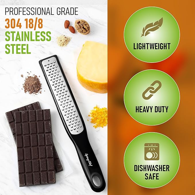 Spring Chef Premium Lemon Zester Grater with Handle - Ginger, Nutmeg, Garlic Grater - Heavy Duty Kitchen Tool - Stainless Steel Citrus Zester with Blade Cover - Fine & Coarse Shred, Set of 2, Black