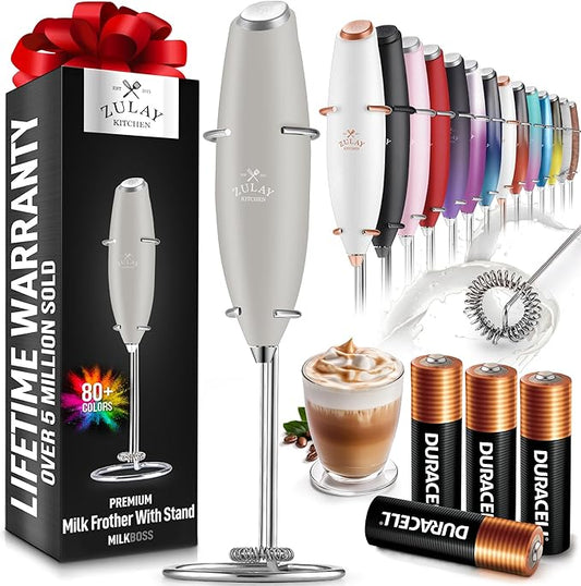 Zulay Kitchen Powerful Milk Frother Wand With 4 AA Duracell Batteries - Ultra Fast Handheld Drink Mixer - Electric Whisk Foam Maker for Coffee, Lattes, Cappuccino, Matcha & Creamer -