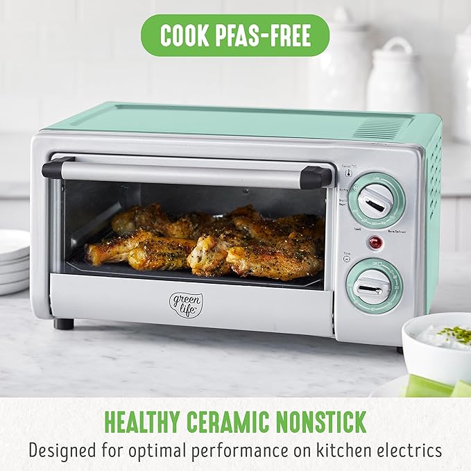 GreenLife Countertop Toaster Oven Air Fryer Stainless Steel, Healthy Ceramic Nonstick, PFAS and PFOA-Free, Tray & Basket, Bake, Broil, Reheat, Adjustable Temp & Time Control, Auto Shutoff, Turquoise