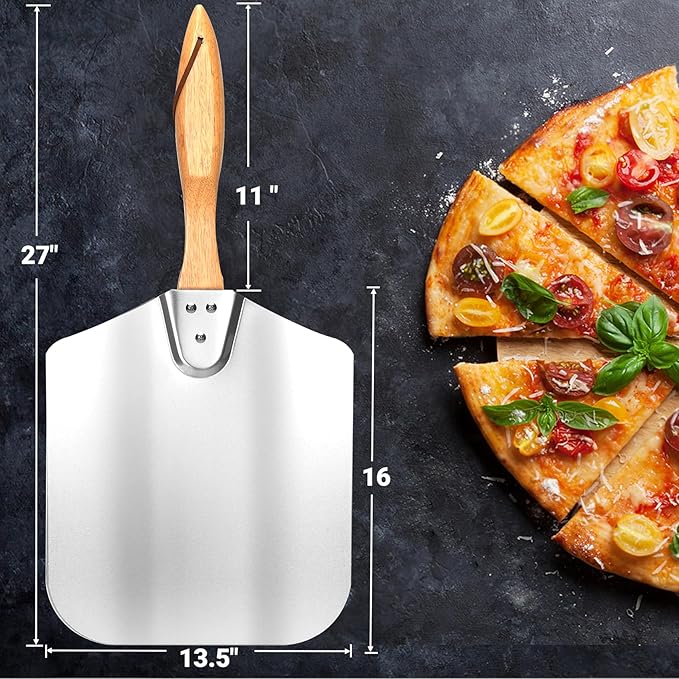 Skyflame Kitchen Supply Aluminum Pizza Peel with Wooden Handle 14-Inch x 16-Inch, Large Pizza Paddle for Baking Homemade Pizza Bread
