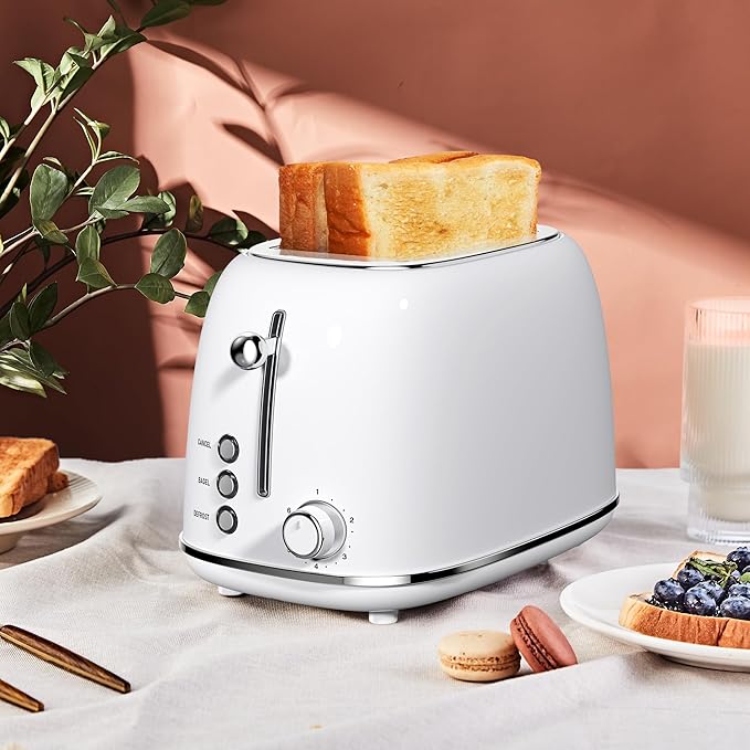 2 Slice Toaster Retro Stainless Steel with Bagel, Cancel, and Defrost Functions, 6 Bread Shade Settings, Extra Wide Slots and Removable Crumb Tray, White