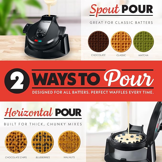 Gourmia GWM468 Dual Pour Waffle Maker with Easy Pour Spout + Horizontal Pour, Angled Cooking, 5 Shade Settings, and Indicator Lights - Recipe Book Included