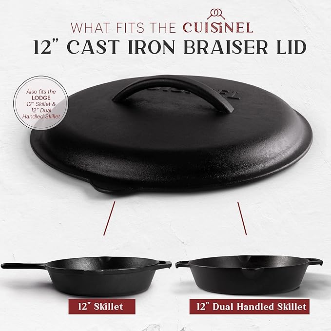 Cuisinel Cast Iron Lid - Fits 12"-Inch / 30.48-cm Lodge Skillet Frying Pans or Braiser + Silicone Handle Holder + Care Guide - Pre-Seasoned Replacement Cover - Indoor/Outdoor, Oven, Fire, BBQ Safe