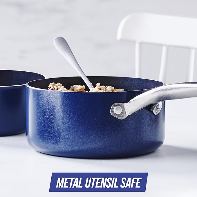 Blue Diamond Cookware 1QT and 2QT Saucepan Set, Diamond Infused Ceramic Nonstick, PFAS and PFOA-Free, Dishwasher Safe, Oven Safe, Durable, Versatile, Easy Clean, Even Heating, Blue