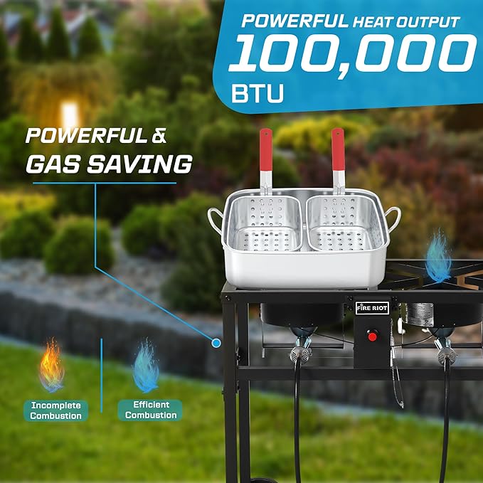 Deep Fryer with Double Burner Propane Stove Outdoor - 2-18QT Aluminum Pots & Frying Baskets- Perfect for fish fryers, Wings, Fries, Cajun Fry