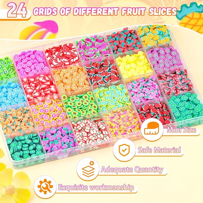 24-Grid Fruit Slice Polymer Clay Cute Slime Add Ins for Nail Art, Kawaii Scrapbooking Embellishments & Lip Gloss, Cellphone Decorations Bulk Slime Mix Ins Assorted Fruits Accessories for DIY Crafting