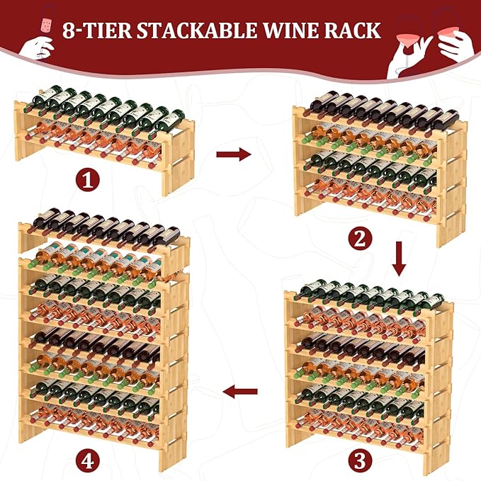 Domax Wine Rack Freestanding Floor - Bamboo Wooden Stackable 8 Tiers 72 Wine Bottle Holder Storage Racks for Kitchen, Bar, Pantry and Cellar (Yellow)