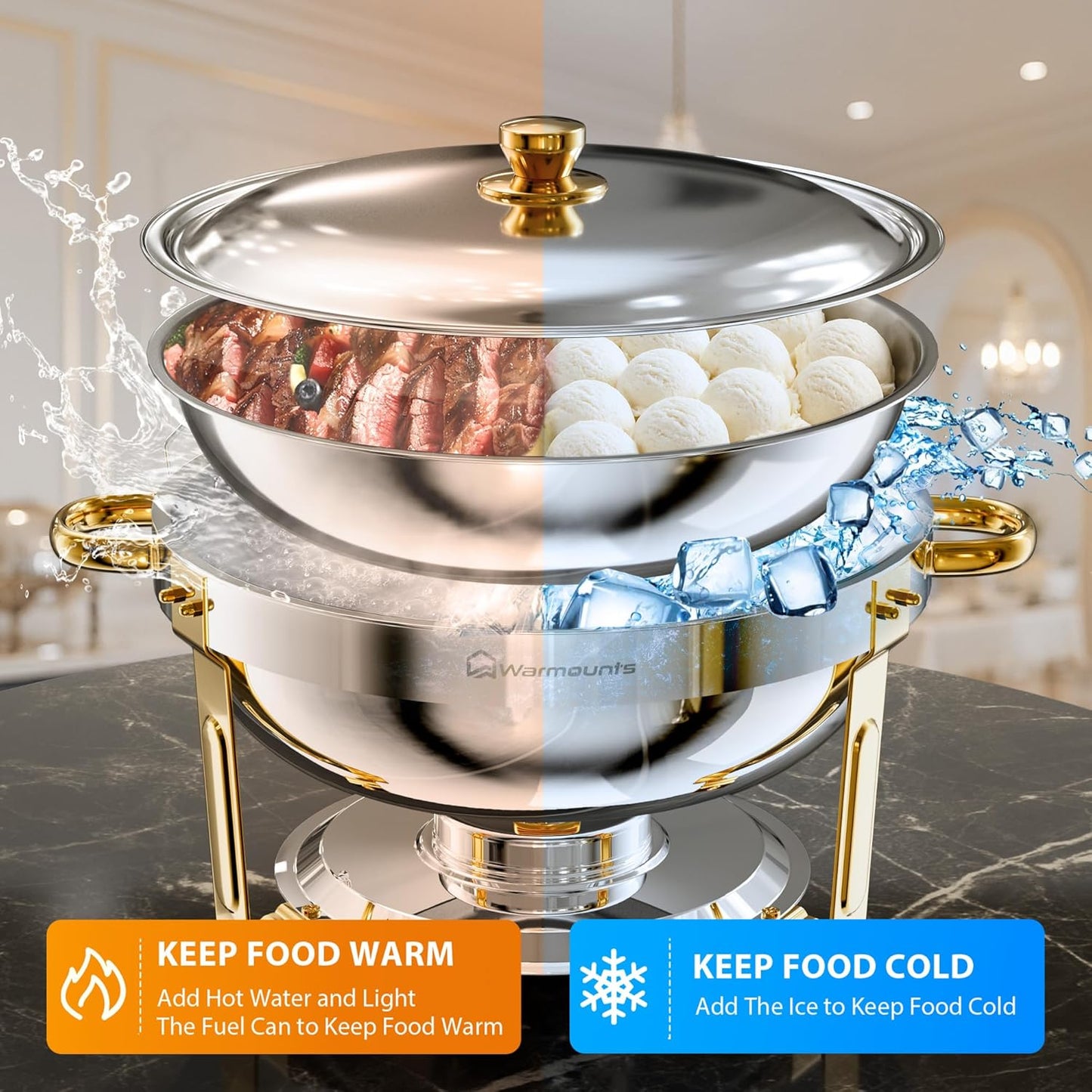 Gold Chafing Dishes for Buffet (5QT, 2 Pack), Round Chafers and Buffet Warmers Sets, Food Grade Stainless Steel Chafing Dish Set, Rolled Edge Design, for Catering Events, Parties, Weddings