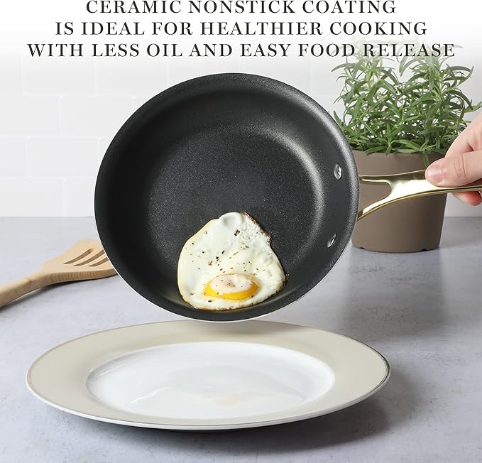 Martha Stewart Lockton 14 Piece Premium Non-Stick Heavy-Gauge Aluminum Cookware Combo Set (Pots, Pans, and Tools) - Black w/Gold Handles