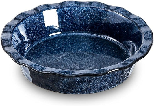 vicrays Ceramic Pie Pan for Baking - 9 inch Pie Plate, Round, Fluted and Deep Pie Dish for Tart, Pizza, Apple Pie, Quiche, Pot Pies, Cake - Reactive Glaze (Starry Blue)
