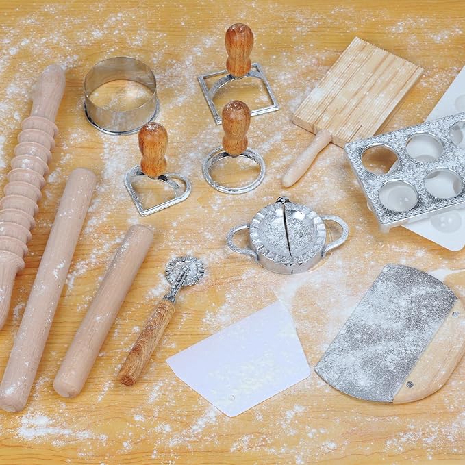 14 Pieces Pasta Making Tools Set, Ravioli Mold Set, Ravioli Maker with Roller Wheel, Ravioli Cutter Set with Wooden Handle, Pasta Making Kit for Ravioli Press Mold. Suitable for Home and Beginners