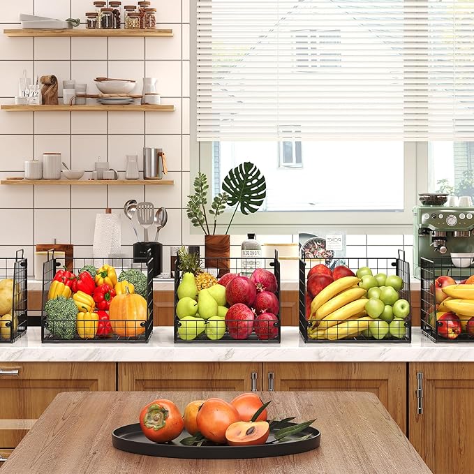 5 Pack XXL Stackable Wire Storage Basket, Extra Large Capacity Pantry Organizer and Storage, Muti-Purpose for Fruit Vegetable Basket & Toy Bin & Snack Organizer