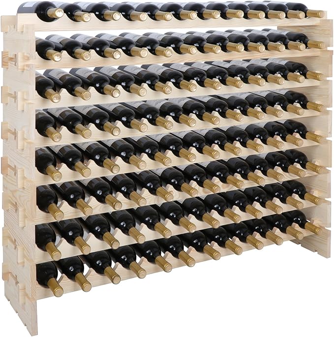Smartxchoices 96 Bottles Stackable Modular Wine Rack, 8-Tier Wooden Wine Storage Rack Freestanding Wine Holder Display Shelves, Wobble-Free Shelves, Solid Wood
