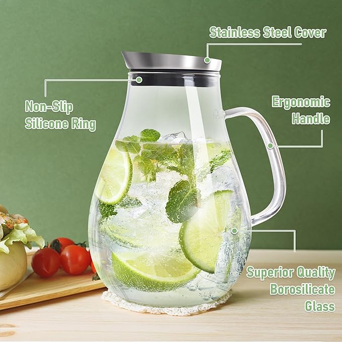 SUSTEAS 2 Liter Glass Pitcher, Water Pitcher with Removable Lid And Wide Handle, Easy Clean Juice Jug for Fridge, Beverage Carafe for Cold/Hot Water, Iced Tea, 1 Long-Handled Brush Included