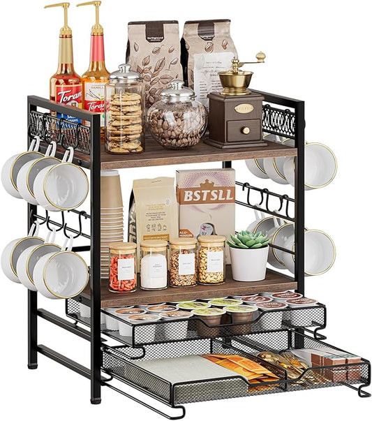 Coffee Bar Organizer, 4 Tier Coffee Station Organizer for Countertop, 30 K Cup Pod Drawer, Mug Cup Holder Stand with 12 Hooks, Multifunctional K Pods Shelf Storage Holder Drawer