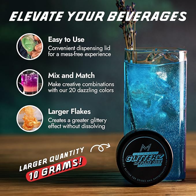 MONÉGASQUE Skyline Blue Edible Glitter for Drinks 10g – Blue Edible Glitter for Cakes & Halloween Cupcakes - Champagne, Beverage, & Cocktail Drink - Food Decorating Sprinkles & Cake Decorations Spray