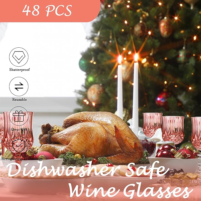 Plastic Wine Glasses，Plastic Goblets Vintage Style Cordial Drinking Glasses for Wedding Reception, Grand Event Party Supplies (48, Rose Gold)