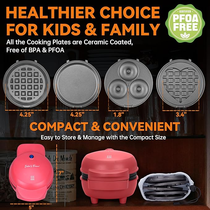 Baker's Friend 4 in 1 Waffle Maker Set: Mini Doughnut & Waffle Maker, Removable Plates, Compact, Recipe Included, Red