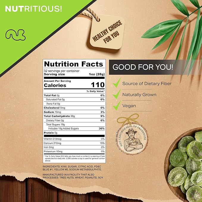 NUT CRAVINGS - Sun Dried Kiwi Slices, Lightly Sweetened (32oz, 2 LB) Bulk Dry Fruits Packed Fresh in Resealable Bag - Sweet Healthy Snack, Naturally Grown, Vegan, Kosher