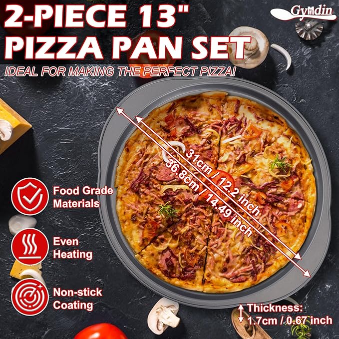 Pizza Pan for Oven - 13" Round Pizza Pans with Holes(2 Pack), Non-stick Carbon Steel Pizza Trays with Handle, Easy to Clean & Oven Safe