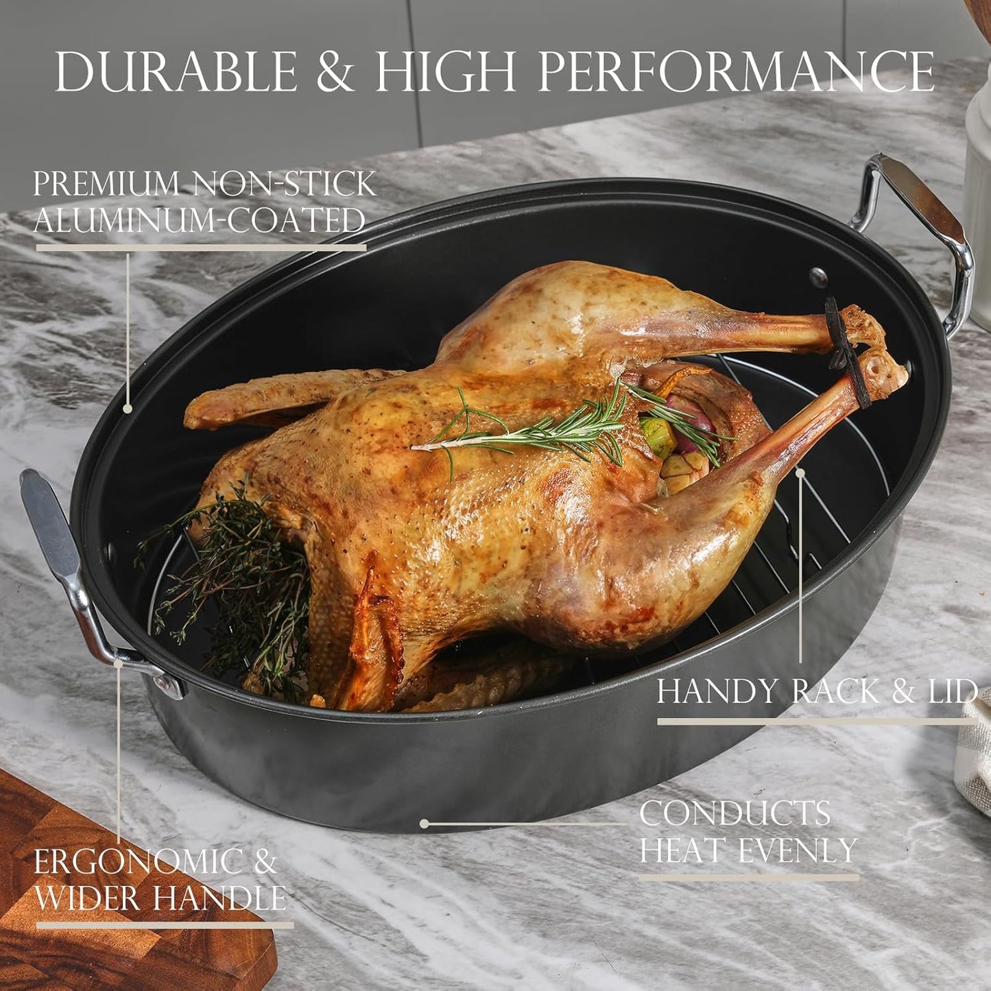 KITESSENSU Extra Large Roasting Pan with Lid - Nonstick Turkey Roaster with Rack 18 x 14 Inch - Heavy Duty Covered Roasting Pot for Oven, Dishwasher Safe, Gray