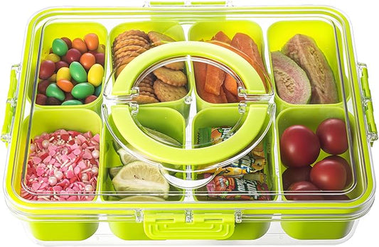 Divided Serving Tray with Lid and Handle - Snackle Box Charcuterie Container for Portable Snack Platters Organizer for Candy, Fruits, Nuts, Snacks - Perfect for Party, Entertaining, Green