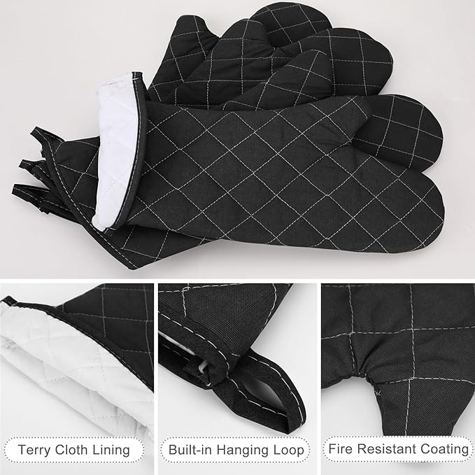 2 Pairs 17 Inch Extra Long Oven Mitts Heat Resistant Cotton Lining Oven Thick Gloves Kitchen Food Service Mittens for Pot Holders Cooking Baking BBQ, up to 482f (Black)