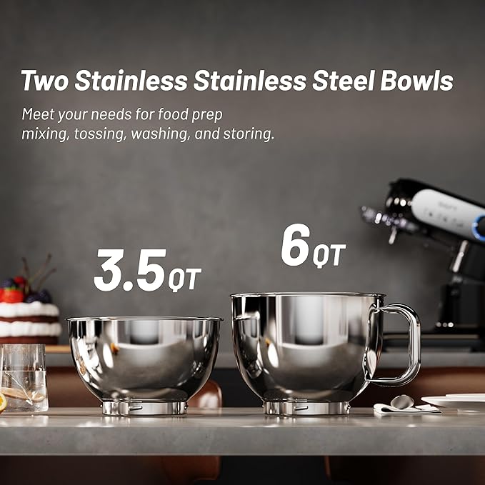 Stand Mixer, 3.5QT+6QT Two Bowls Kitchen Electric Mixer, 600W 6+P speed Tilt-Head Food Mixer with Stainless Steel Bowl, Dishwasher-Safe Dough Hook, Flat Beater, Wire Whisk, Splash Guard, Black