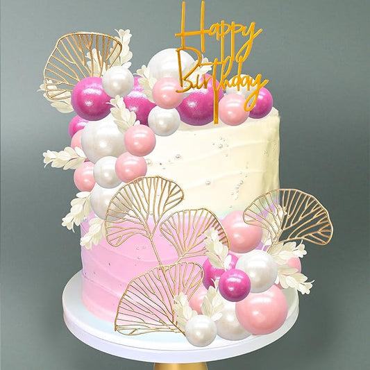 Gyufise 57Pcs Balls Cake Topper Boho Grass Cake topper Pearl Balls Acrylic Happy Birthday Cake Decorations for Wedding Baby Shower Birthday Boho Themed Party Supplies Rose Red