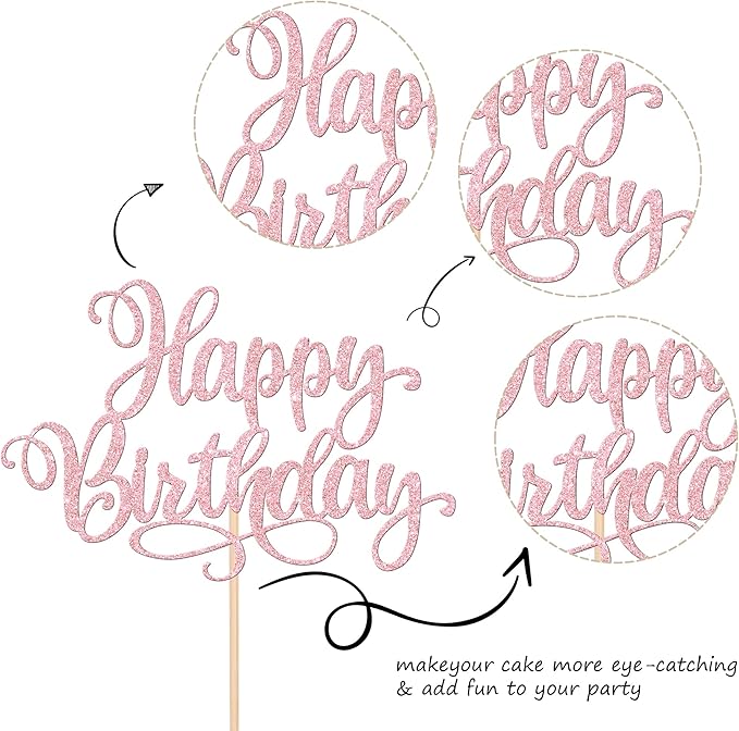 1 PCS Happy Birthday Cake Topper Glitter Happy Birthday Cake Pick Bunting Decor for Anniversary Celebrating Happy Birthday Party Cake Decorations Supplies Light Pink