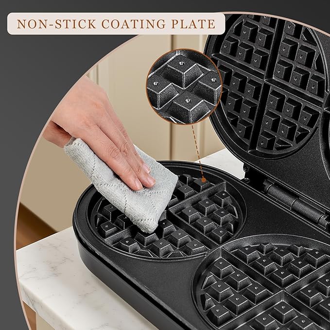 Double Waffle Maker 6 Inch, 1200W Belgian Waffle Maker for Breakfast and Snacks, Makes 2 Personalized Individual Keto Chaffles, Waffle Iron with Nonstick Plates, Temperature Knob, Black