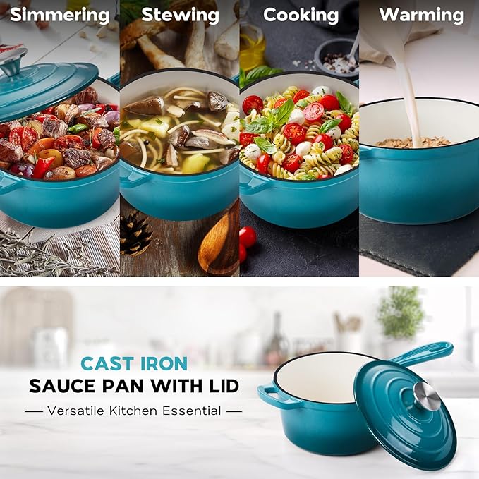 Enameled Cast Iron Sauce Pan, Onader 2QT Saucepan with Lid, Small Cast Iron Pot for Cooking, Enamel Dutch Oven Nonstick & Heavy Duty – Dark Cyan