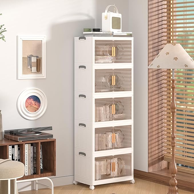 VECELO 19 Gal Stackable Storage Bins with Lid, 5 Pack Plastic Collapsible Storage Cabinet, Foldable Folding Box Organizer/Storage Container Cart with Wheel and Double Door for Home Office, White