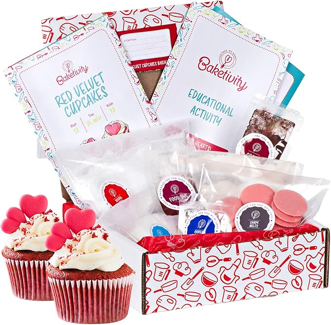 Baketivity Kids Baking Set, Meal Cooking Party Supply Kit for Teens, Real Fun Little Junior Chef Essential Kitchen Lessons, Includes Pre-Measured Ingredients (Baketivity Kit, Red Velvet)