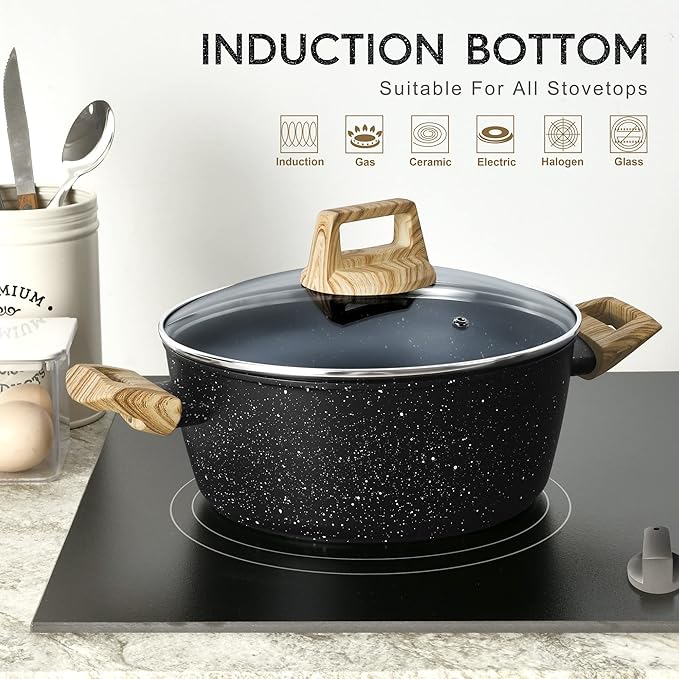 MICHELANGELO 4.3 Quart Nonstick Soup Pot with Lid, Non-Toxic Granite Coating, Induction Compatible, Non Stick Pot for Cooking with Stay-cool Handles, Black