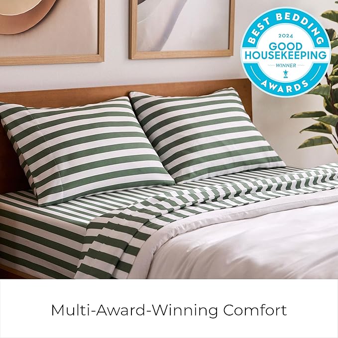 Mellanni Queen Sheets Set - 4 PC Iconic Collection Bedding - Hotel Luxury, Extra Soft, Cooling Bed Sheets - Wrinkle, Fade, Stain Resistant (Queen, Oxford Stripe Sage)