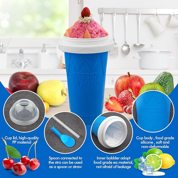 Slushie Maker Cup, Quick Frozen Magic Cups for Homemade Milk Shake Ice Cream Maker, Double Layer Squeeze Slushy Maker Cup, Birthday Gifts for Kids,Friends,Family (Bule)