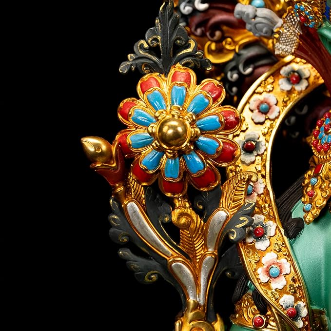 Green Tara Buddha Statue for Zen Decor Indoor, Tibetan Buddhism Handmade Copper Sculpture, Hand-Painted Colored Buddhist Budda, 10.62"