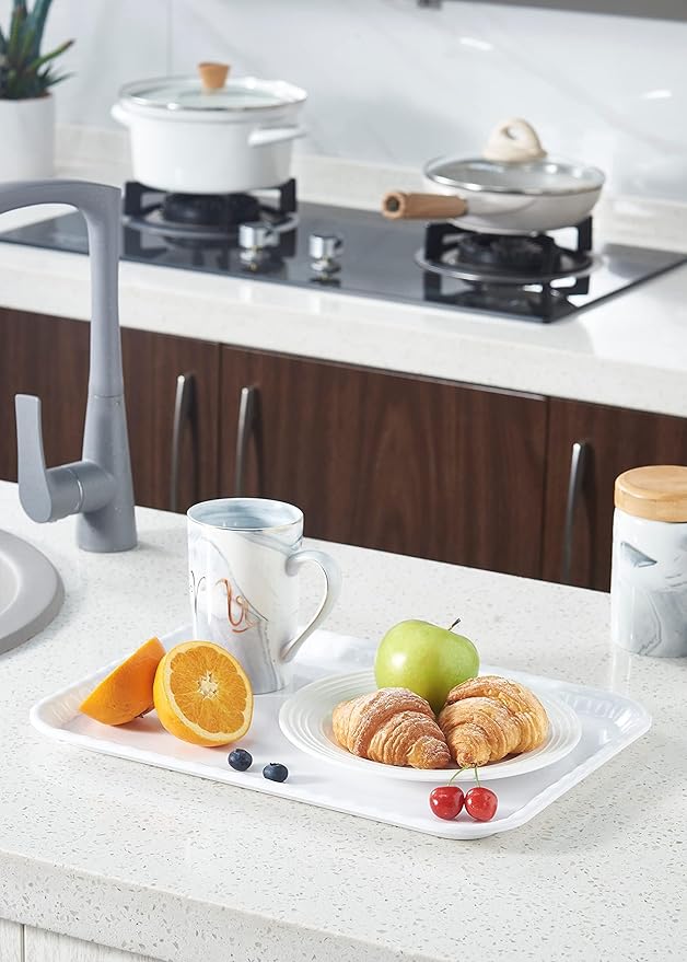 Blue Boat 17" x 12" Rectangular Serving Trays Set of 2 White, Melamine Serving Platter, Light Weight Easy to Clean Sturdy Stackable BPA-Free Dishwasher Safe