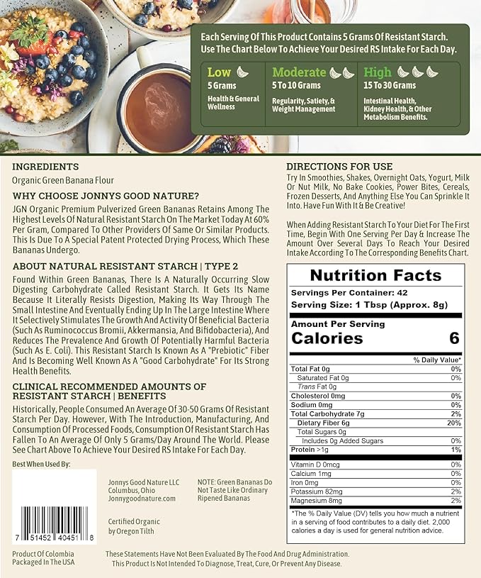 Jonnys Good Nature Organic Ultra High Resistant Starch Premium Green Banana Flour | On Average [10x's] More Prebiotic Fiber Per Gram Than Other Green Banana Flours On The Market | 42 Servings