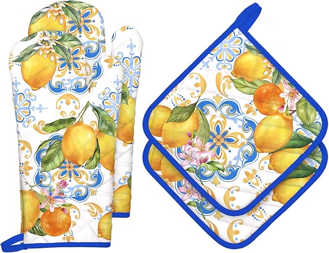 Summer Lemon Oven Mitts and Pot Holders Sets 4Pcs, 100% Cotton Heat Resistant, Extra Long Oven Gloves Potholder for Kitchen Cooking Baking Decoration