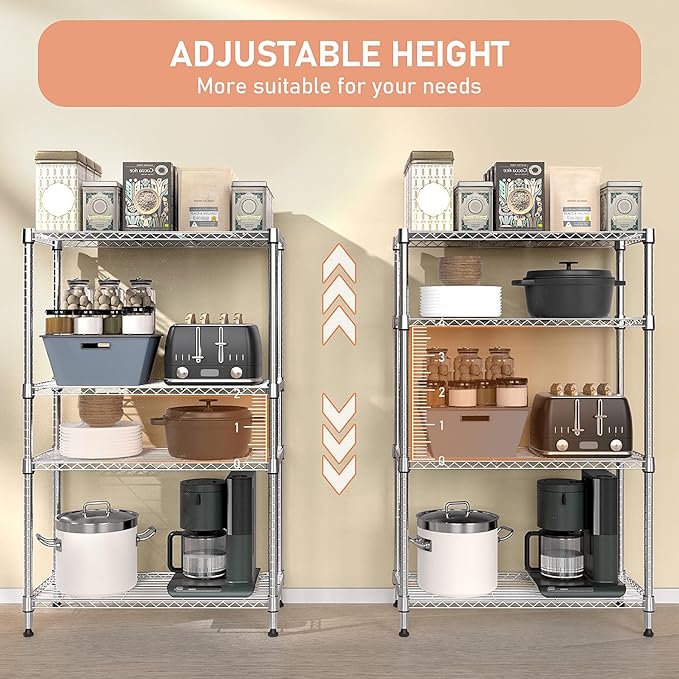 5-Shelf Storage Shelves,Wire Shelving Heavy Duty Metal Storage Shelving Unit Adjustable Garage Shelving Rack Pantry Kitchen (Chrome, 4 Tier,15.8" D x 45.3" W x 59.4" H)